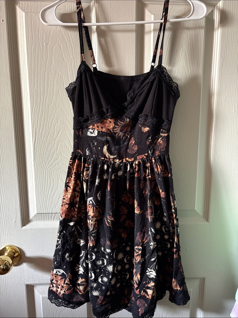 Black Celestial Patchwork Print Slip Dress with Pockets and Lace Trim NWOT